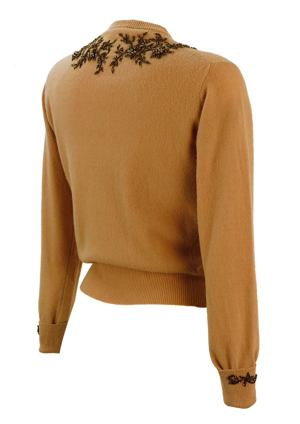 Vintage 50's Camel Cardigan with Intricately Beaded Metallic Gold