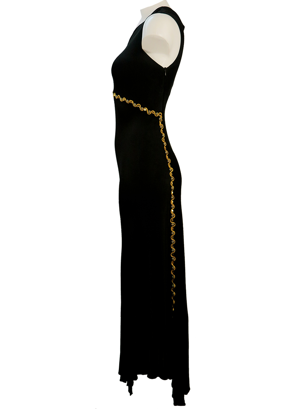 Max Mara Long Black Evening Dress with Gold Strap Detail & Side Split ...