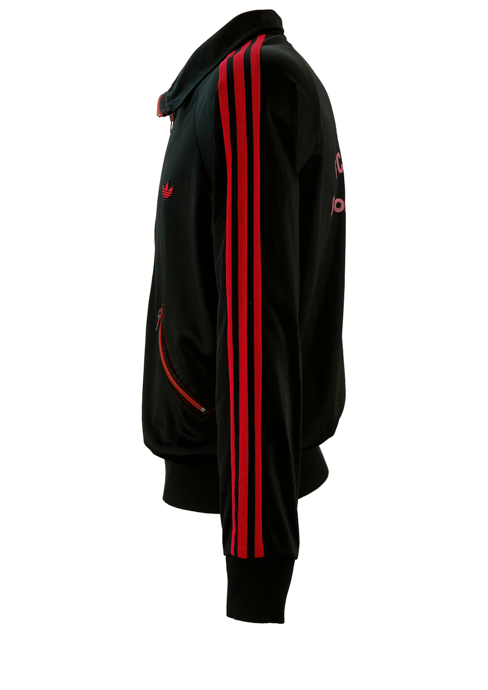 Vintage 70's Adidas Black Track Jacket with Red Stripes and Curved