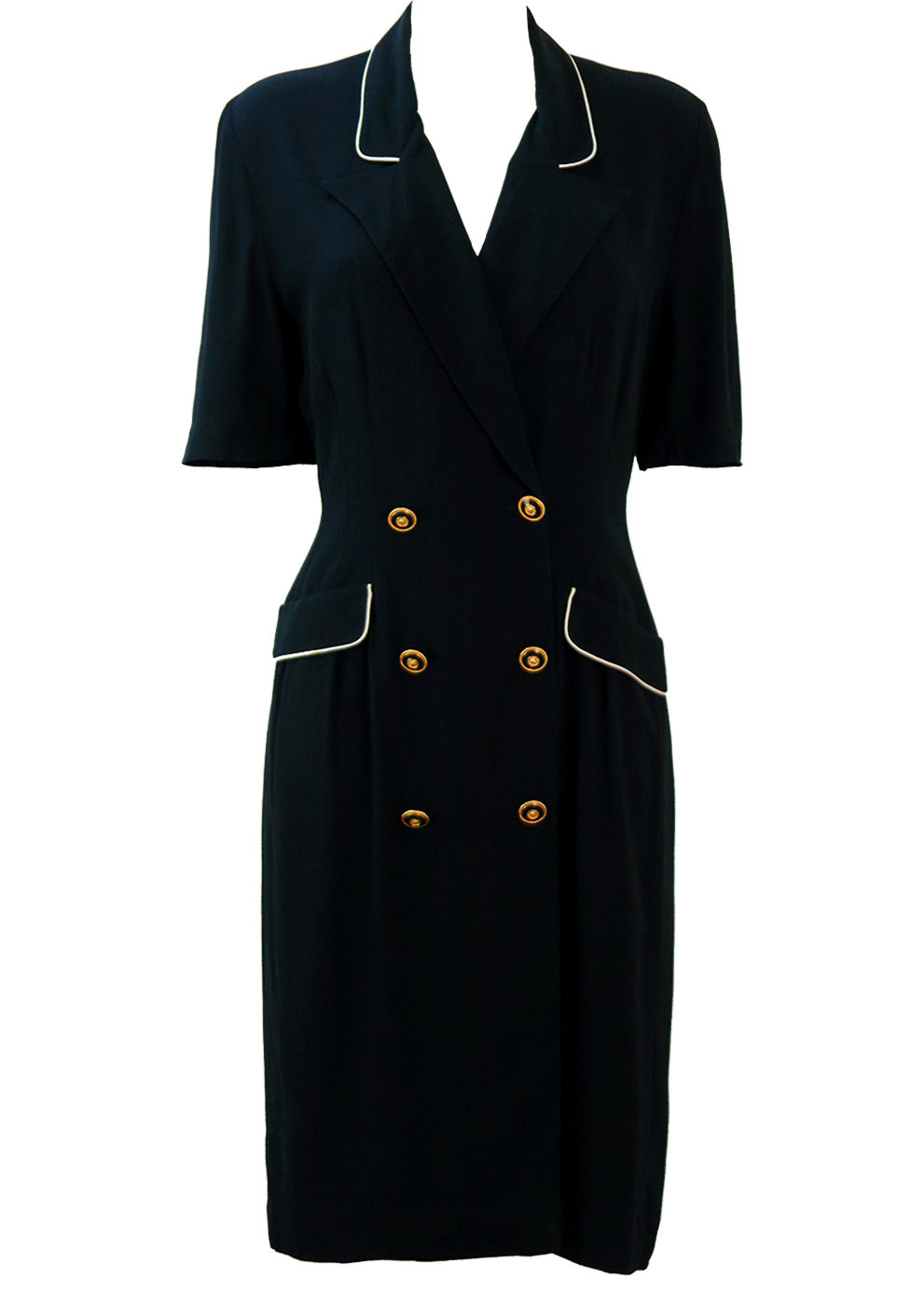 Navy Blue Double Breasted Midi Dress with White Piping & Decorative ...