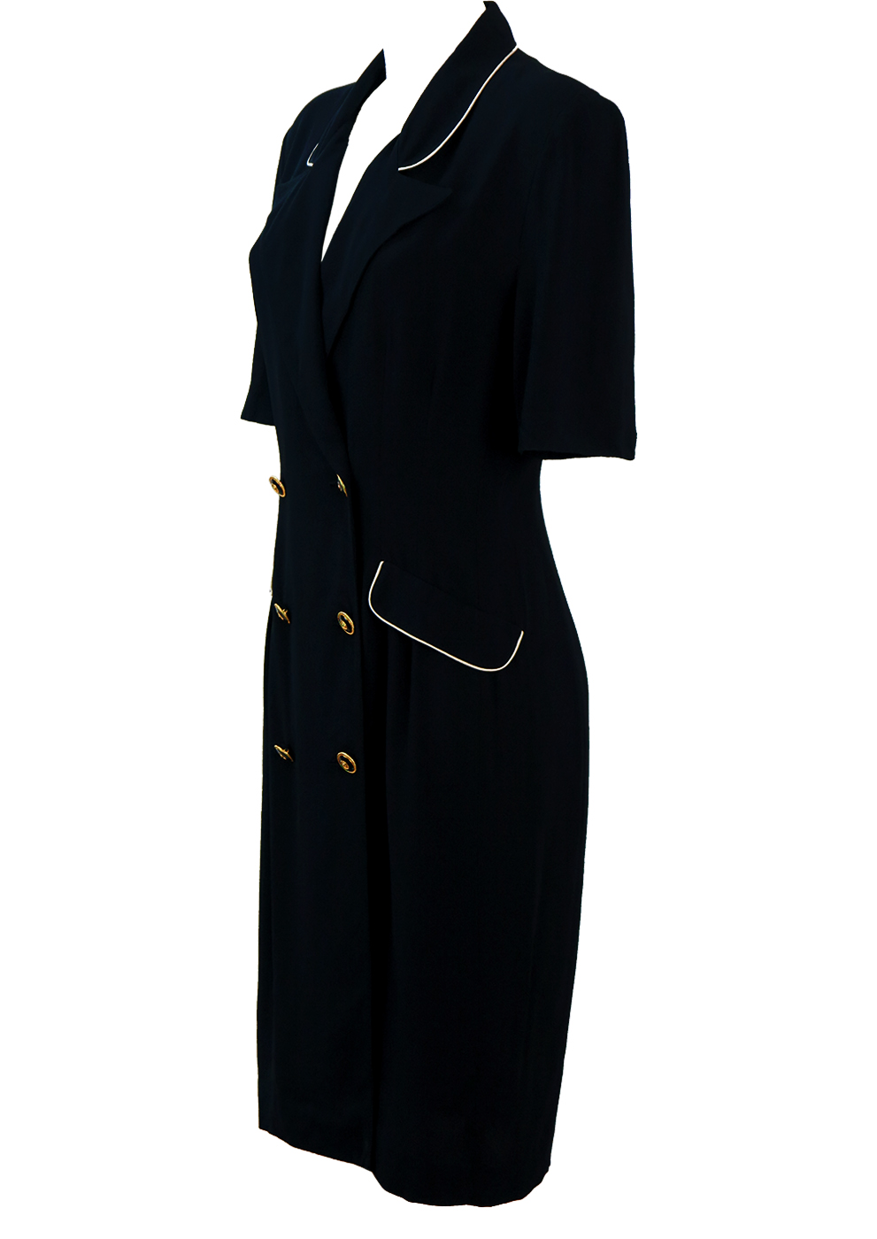 Navy Blue Double Breasted Midi Dress with White Piping & Decorative ...