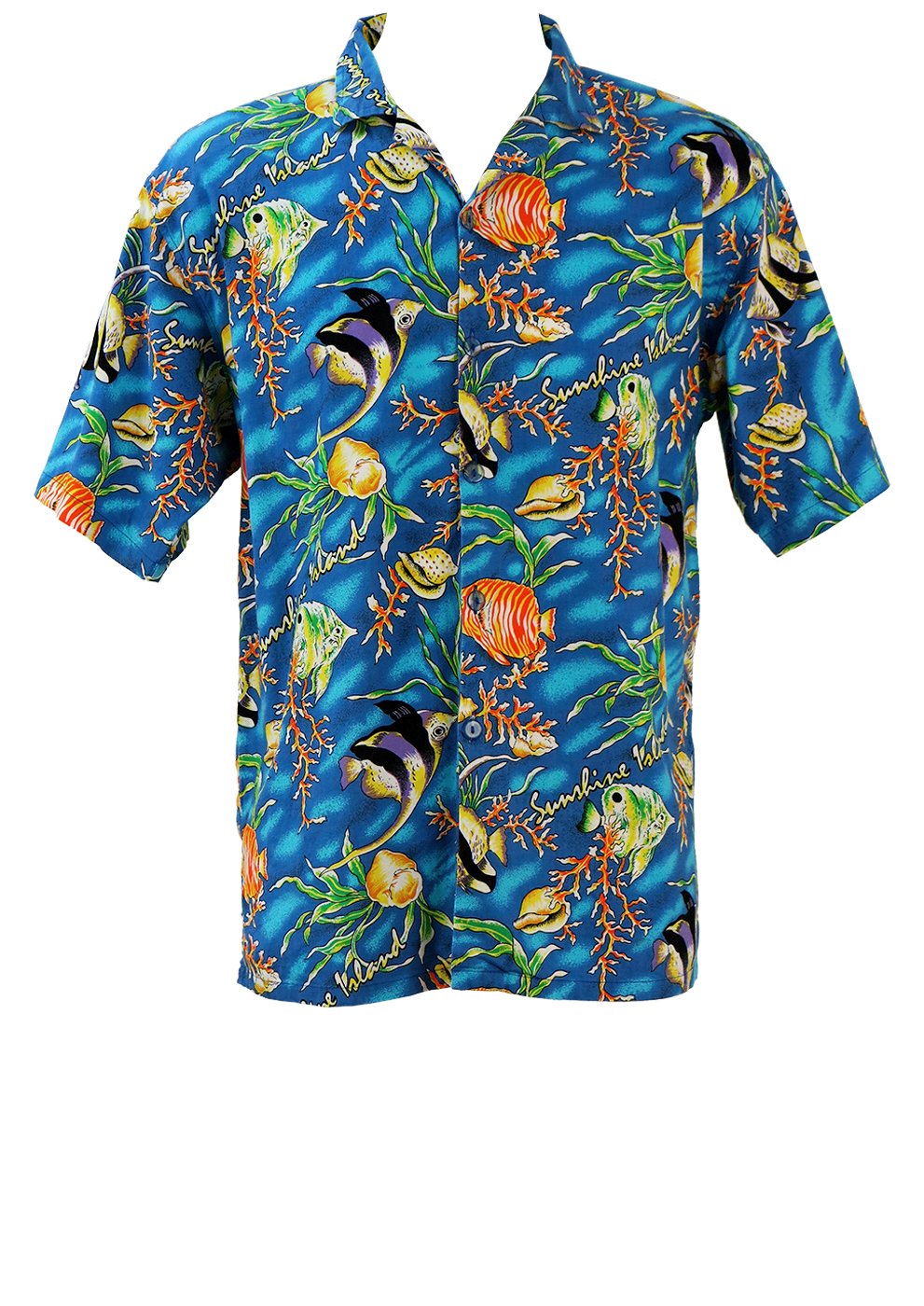 Blue Short Sleeved Hawaiian Shirt with Multicoloured Tropical Fish Graphic  - L/XL