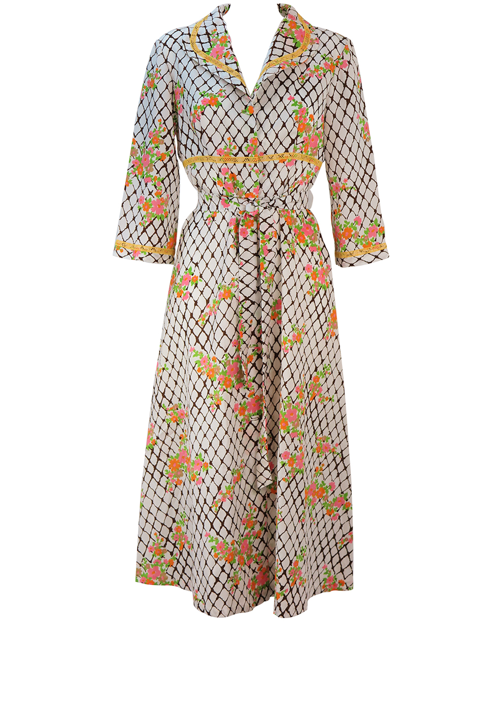Vintage 70's Long Housecoat Dress with White & Brown Grid Pattern ...