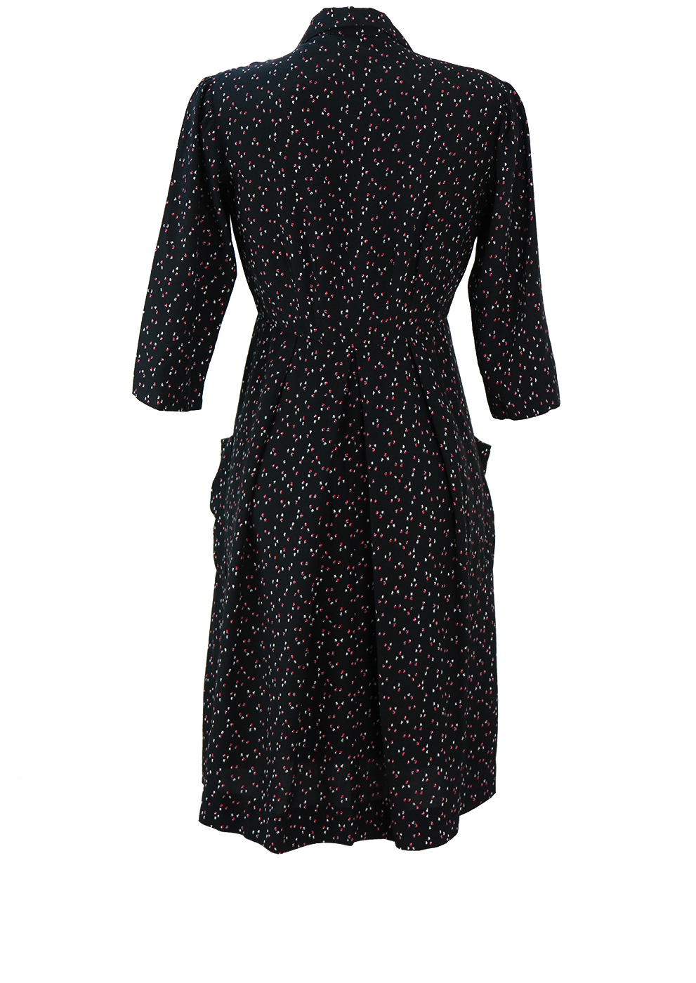 Vintage 40's Black Midi Day Dress with Red & White Ditsy Floral Print ...