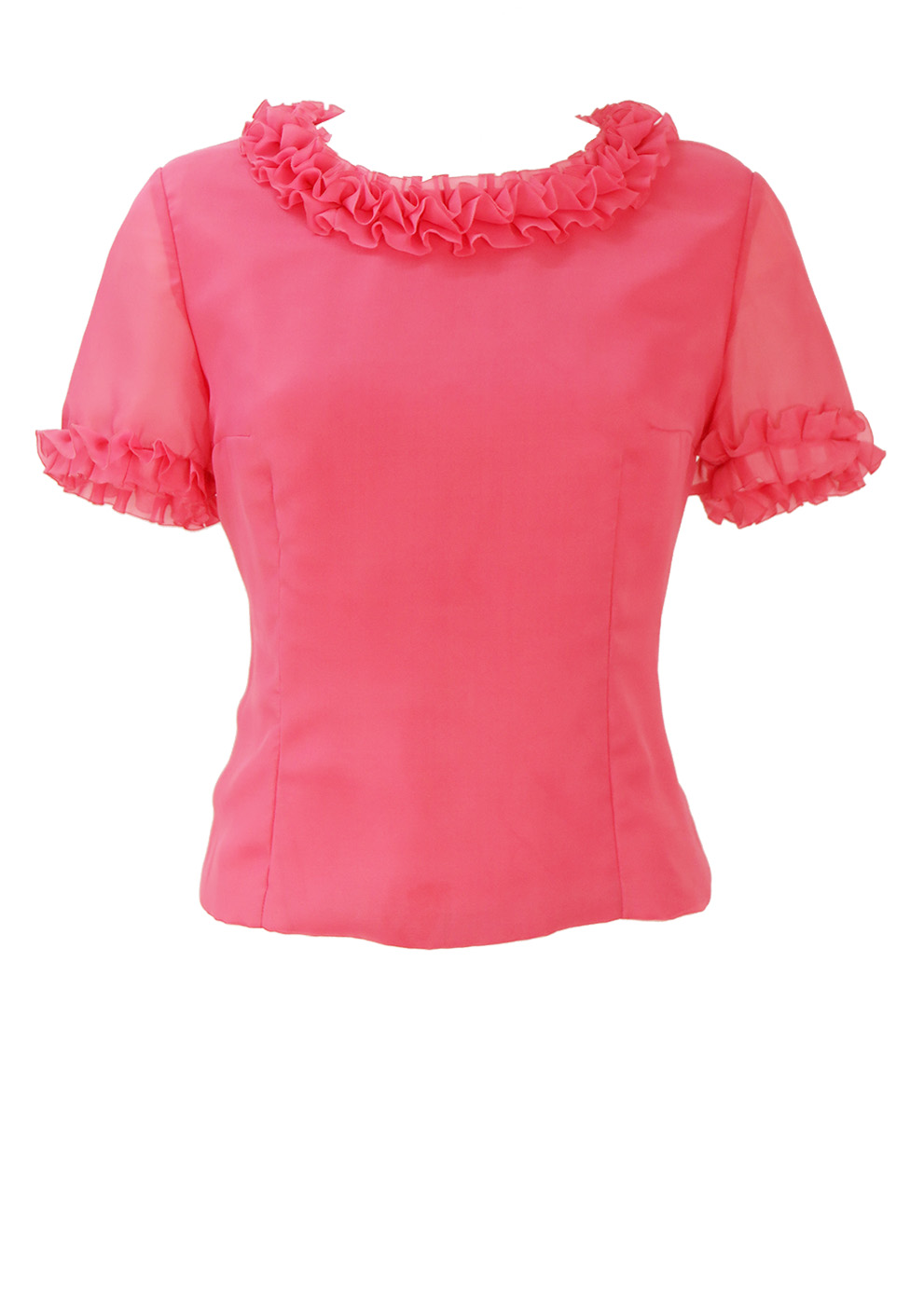 Vintage 60's Short Sleeved Pink Top with Frill Neckline and Sleeves - M ...