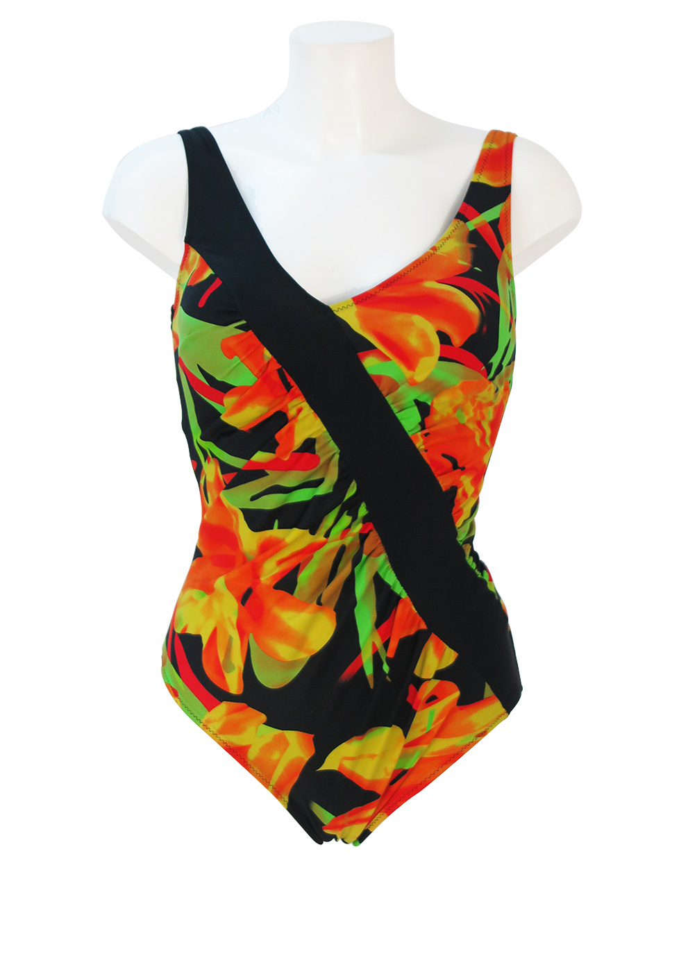 Black, Ruche Detail Swimsuit with Orange, Yellow & Green Tropical ...