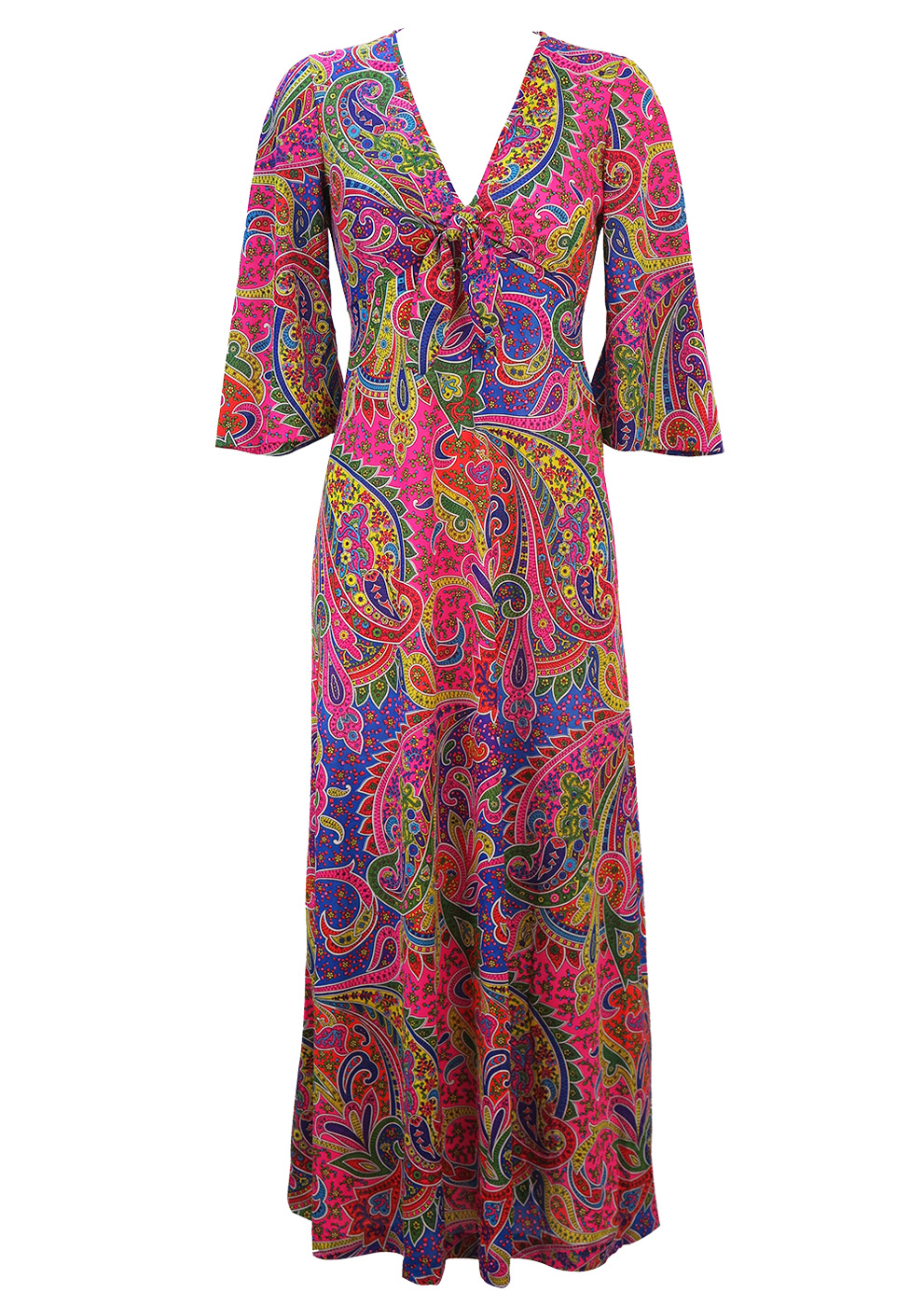 Maxi Dress With Vintage 70 S Multicoloured Psychedelic Paisley Pattern And 3 4 Sleeves Xs S