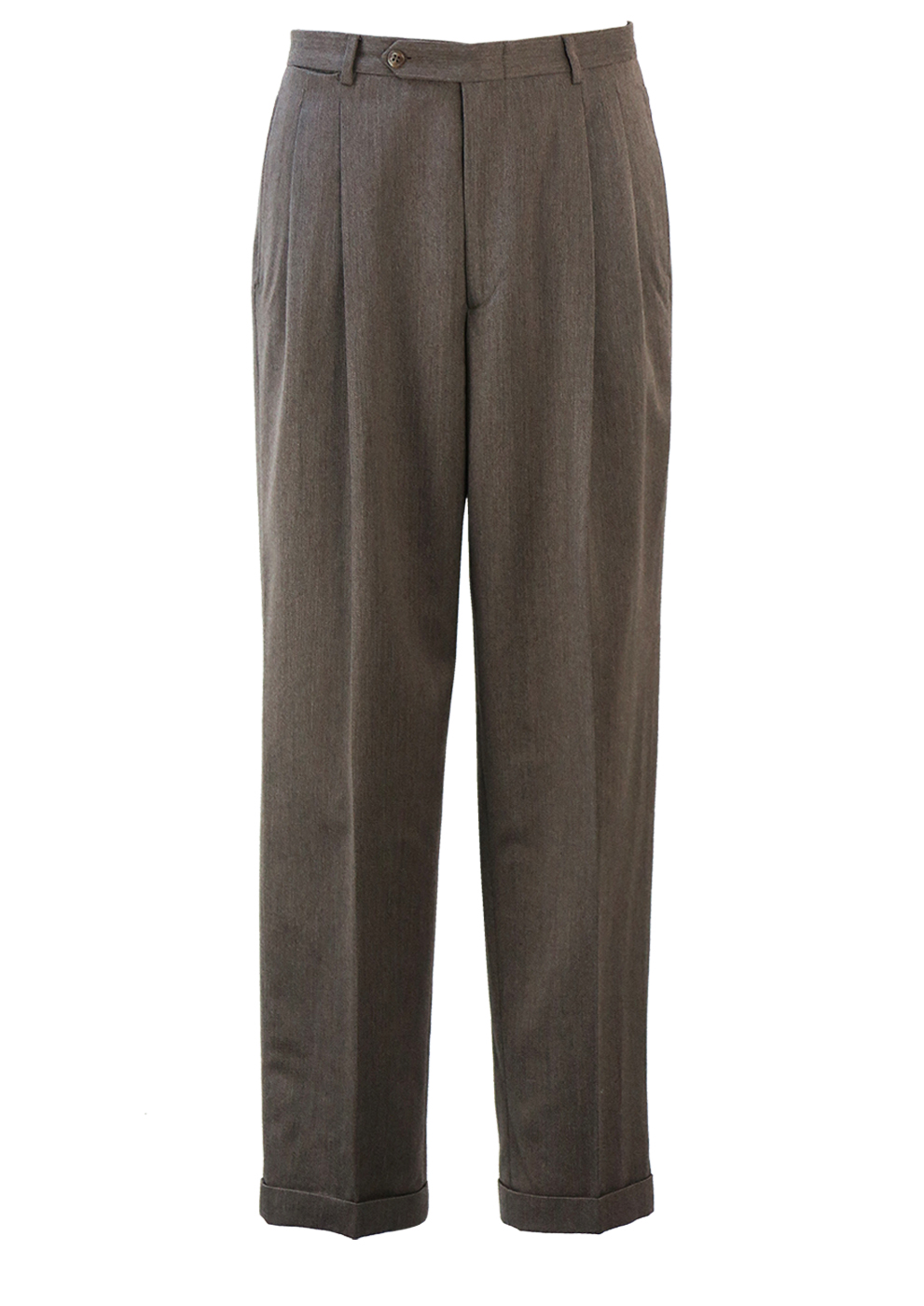 Brown & Cream Mottled Wool, Pleat Front Tailored Trousers with Turn Ups ...