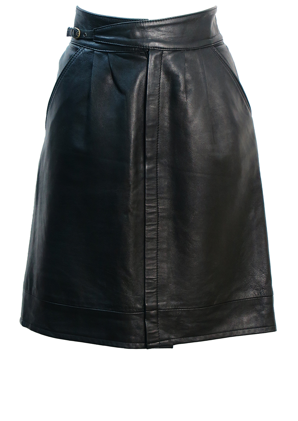 Black Leather Above the Knee Skirt with Cross Over Belt Detail - M ...