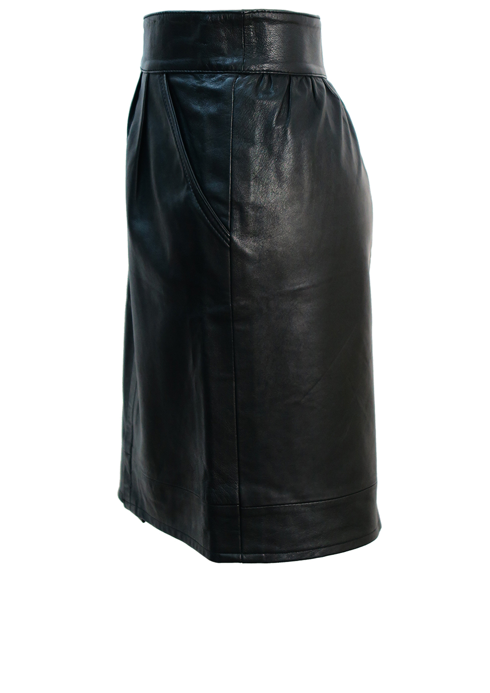 Black Leather Above the Knee Skirt with Cross Over Belt Detail - M ...