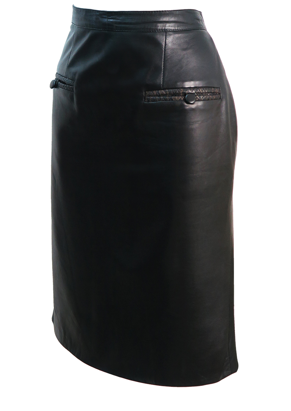 Black Leather Midi Pencil Skirt with Faux Snakeskin Pocket Trim - M ...