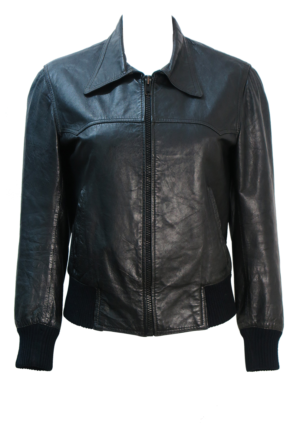 Vintage 70's Black Leather Fitted Bomber Jacket - S/M | Reign Vintage