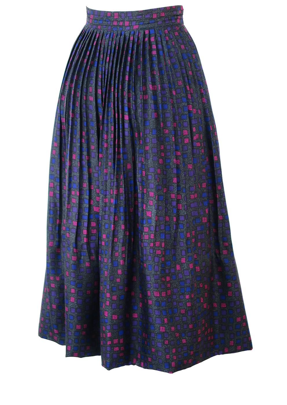 Silk Flared Midi Pleat Skirt with 50's Style Pink, Purple & Blue Square ...