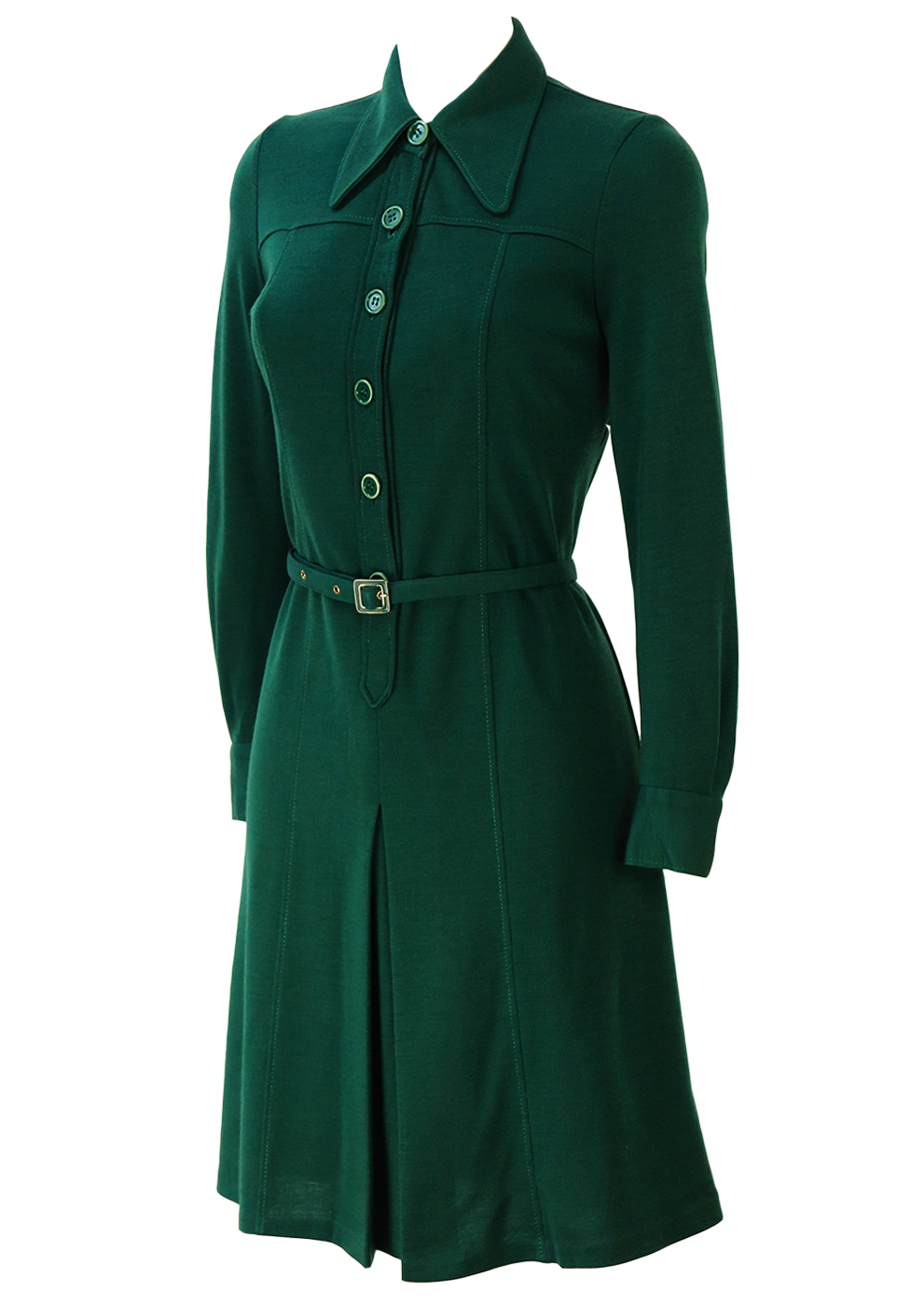 Vintage 60’s Green Long Sleeved Button Front Jersey Midi Dress – S/M
