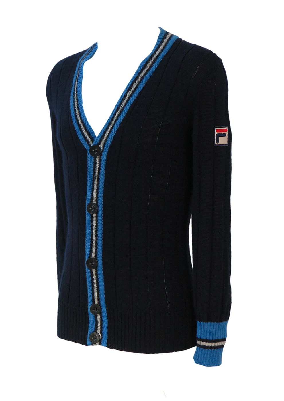 Navy Blue Varsity Style Cardigan with Light Blue White Stripe Detail - XS | Reign Vintage