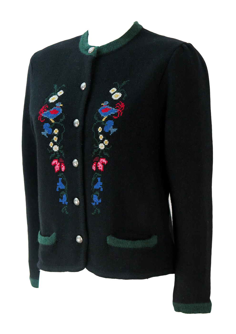 Tyrolean Black Wool Cardigan with Bird & Flower Tapestry Pattern - M/L ...