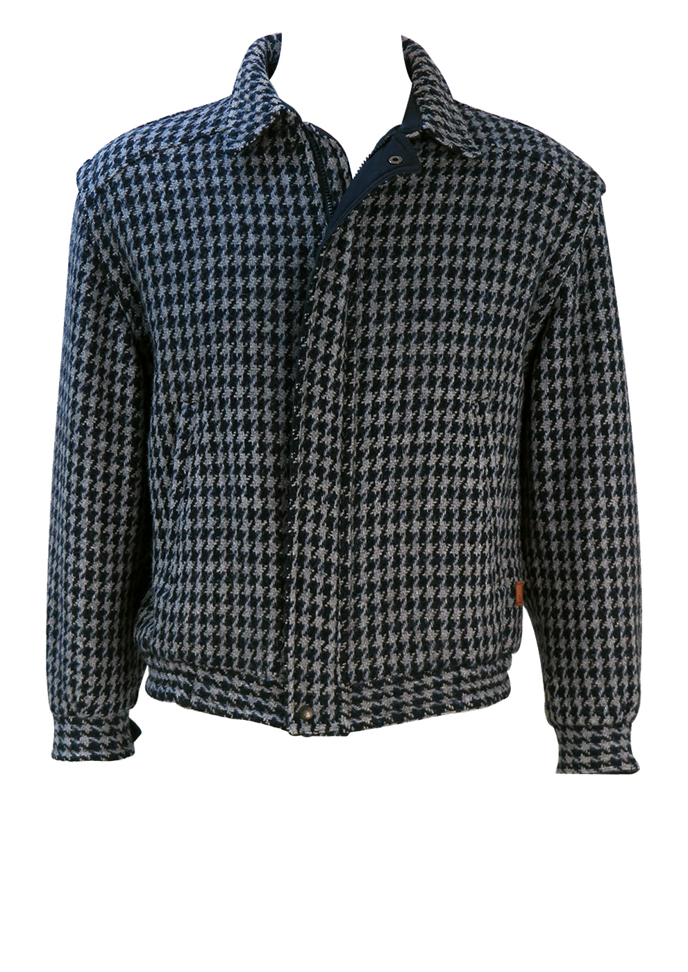 Reversible Blue & Grey Dogtooth Check Bomber Jacket with Navy Blue ...
