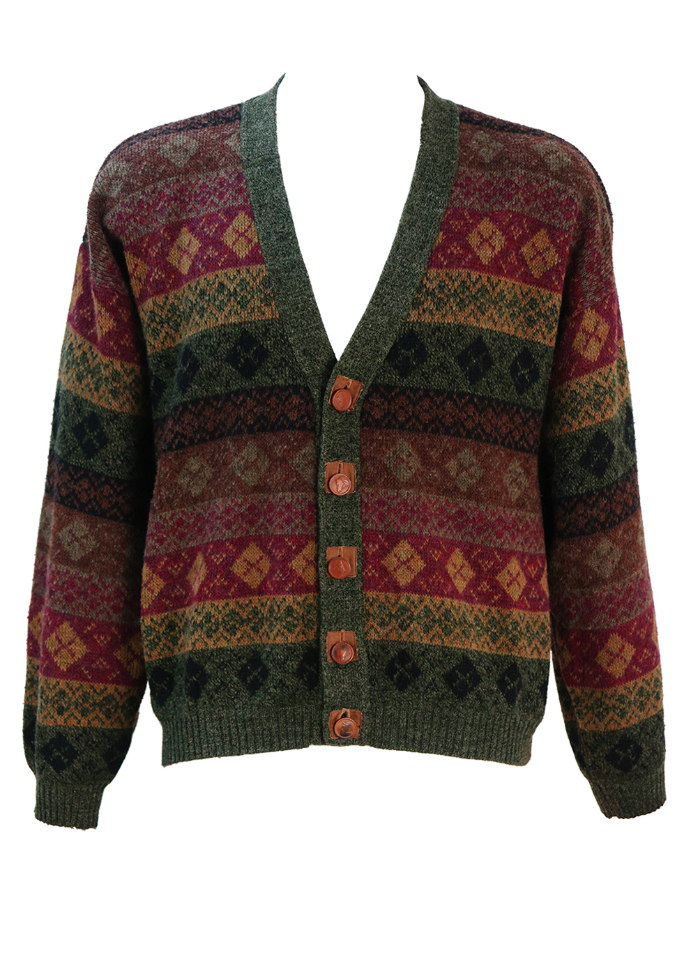 Fair Isle Patterned Cardigan in Burgundy, Brown, Green & Black with ...