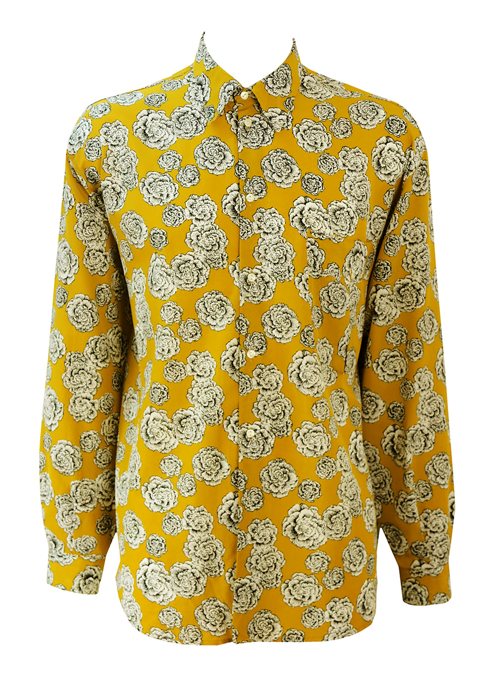 Long Length Ochre Coloured Shirt with Black & White Floral Pattern - 90 ...