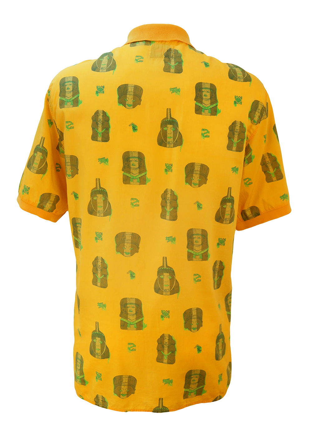 Yellow Short Sleeved Shirt with Brown & Green Tribal Heads Motif ...
