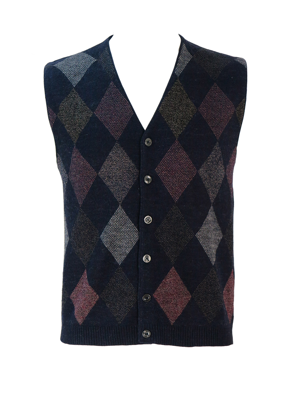 Navy Blue Marl Knit Waistcoat with Burgundy & Grey Argyle Pattern - M ...
