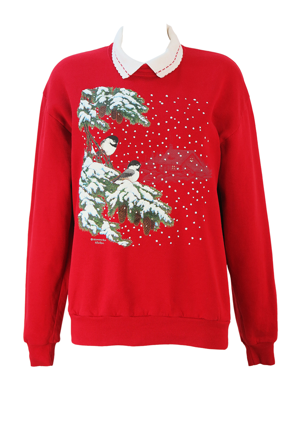 Red Christmas Sweatshirt with Birds & Snowflakes Imagery & White Collar ...