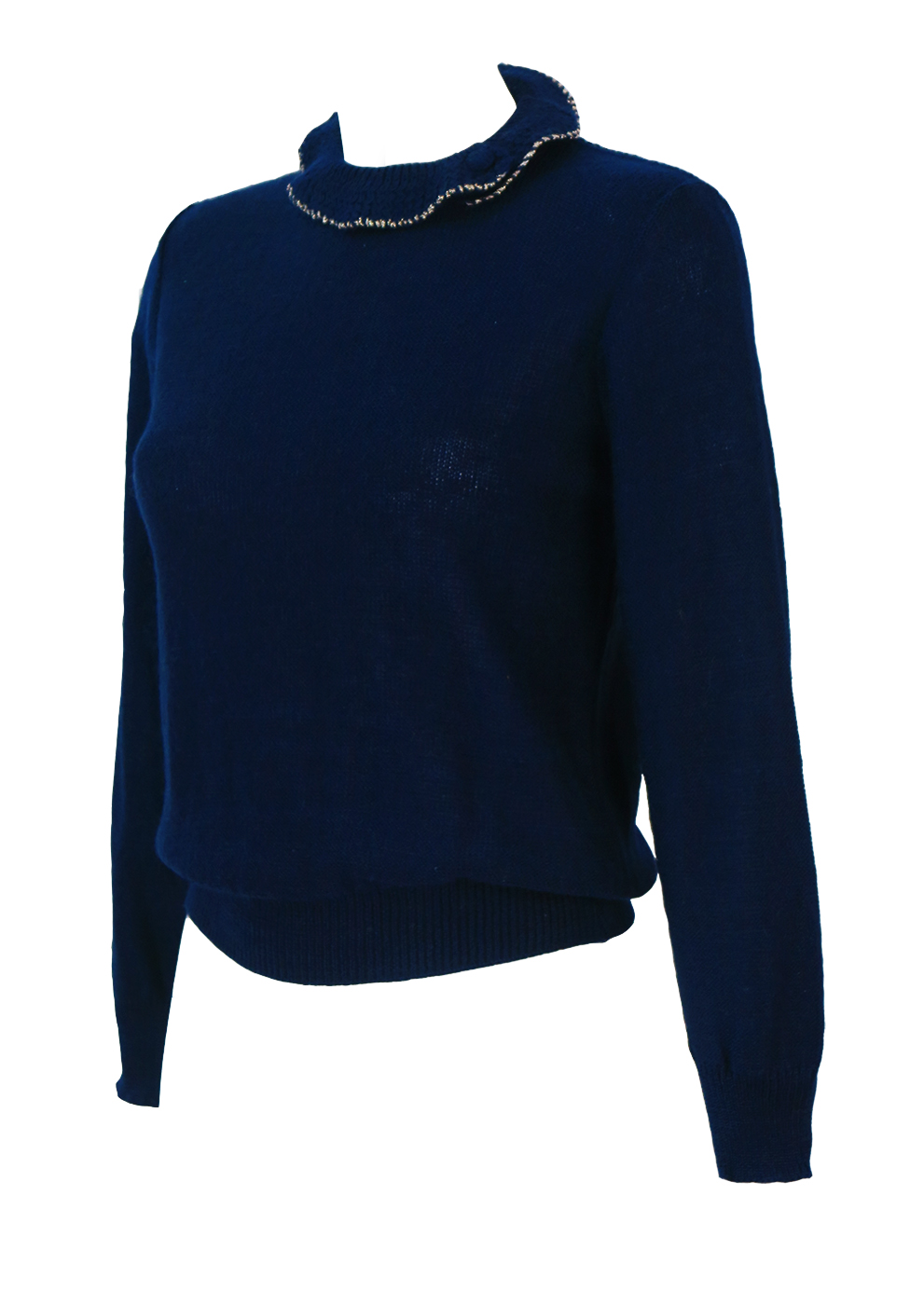 Vintage 60's Navy Blue Jumper with Gold Trim Frill Collar - New - S ...