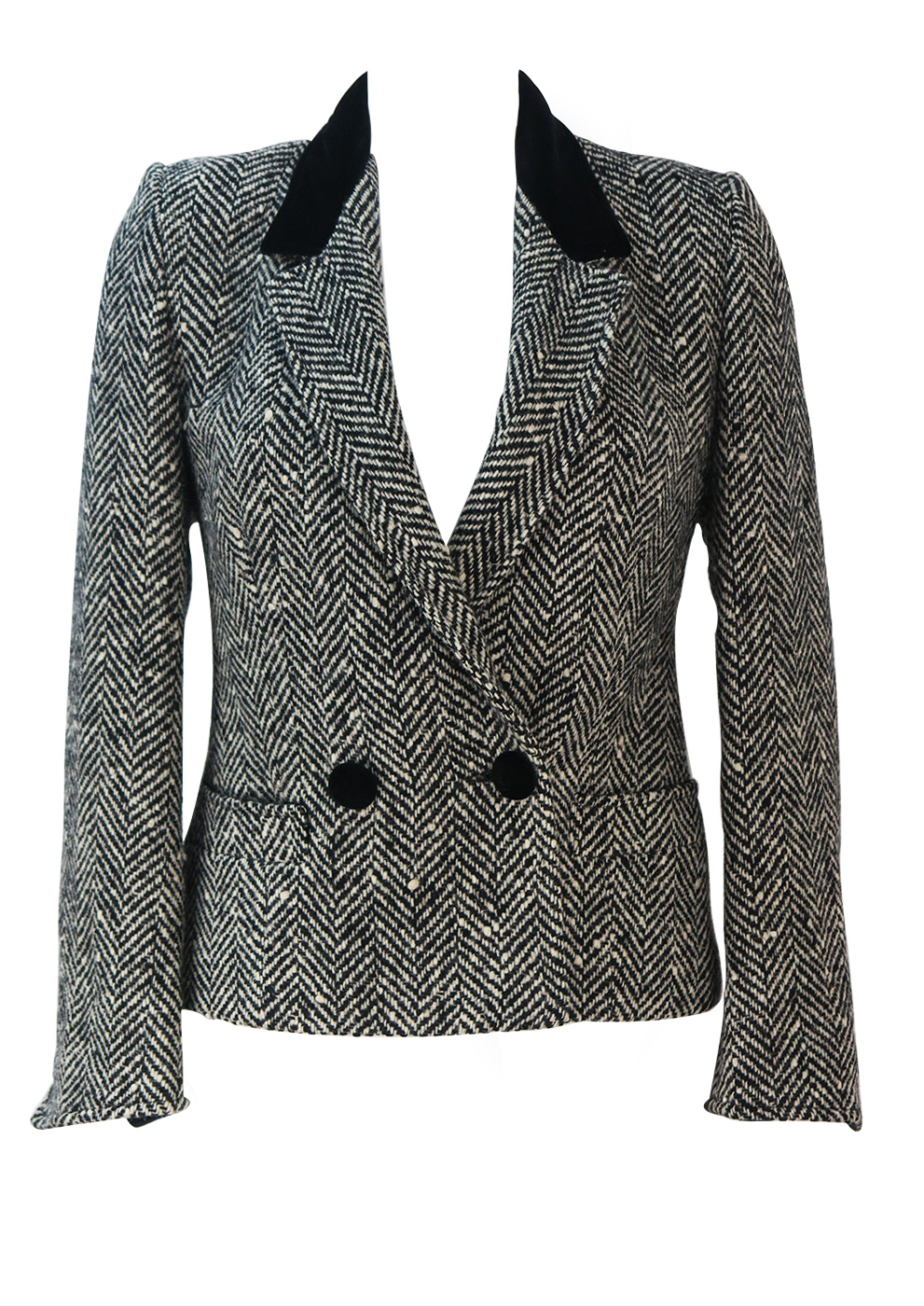 Black & White Herringbone Tweed Fitted Jacket with Black Velvet Collar ...
