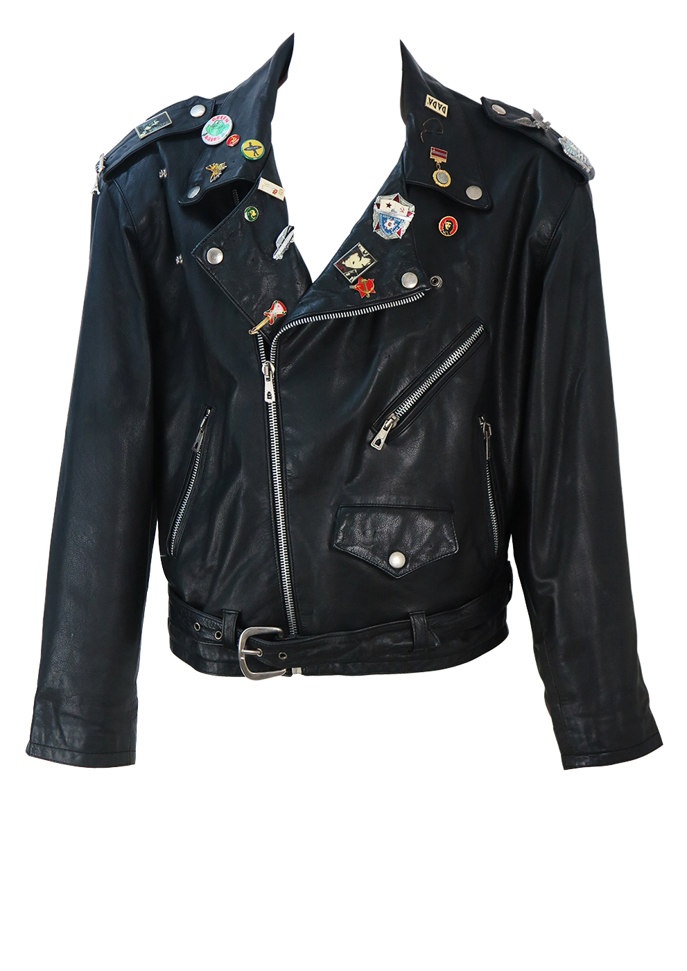 Black Leather Biker Jacket with Multi Badge Detail - L | Reign Vintage