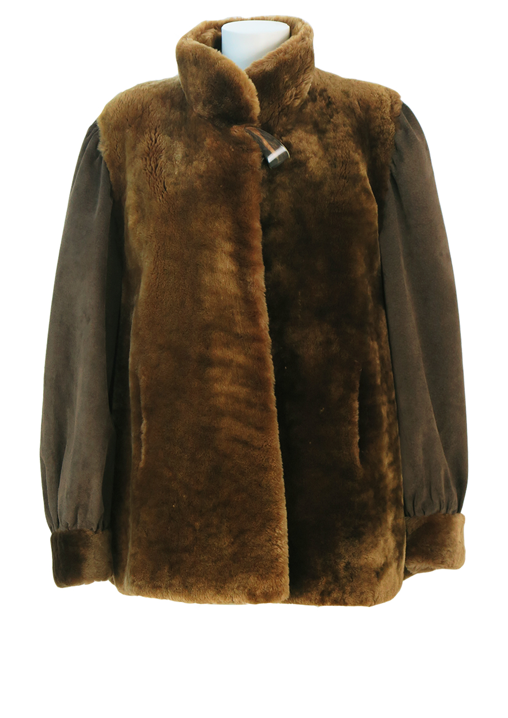 Brown Shearling Jacket with Brown Suede Sleeve Detail & Feature Button ...