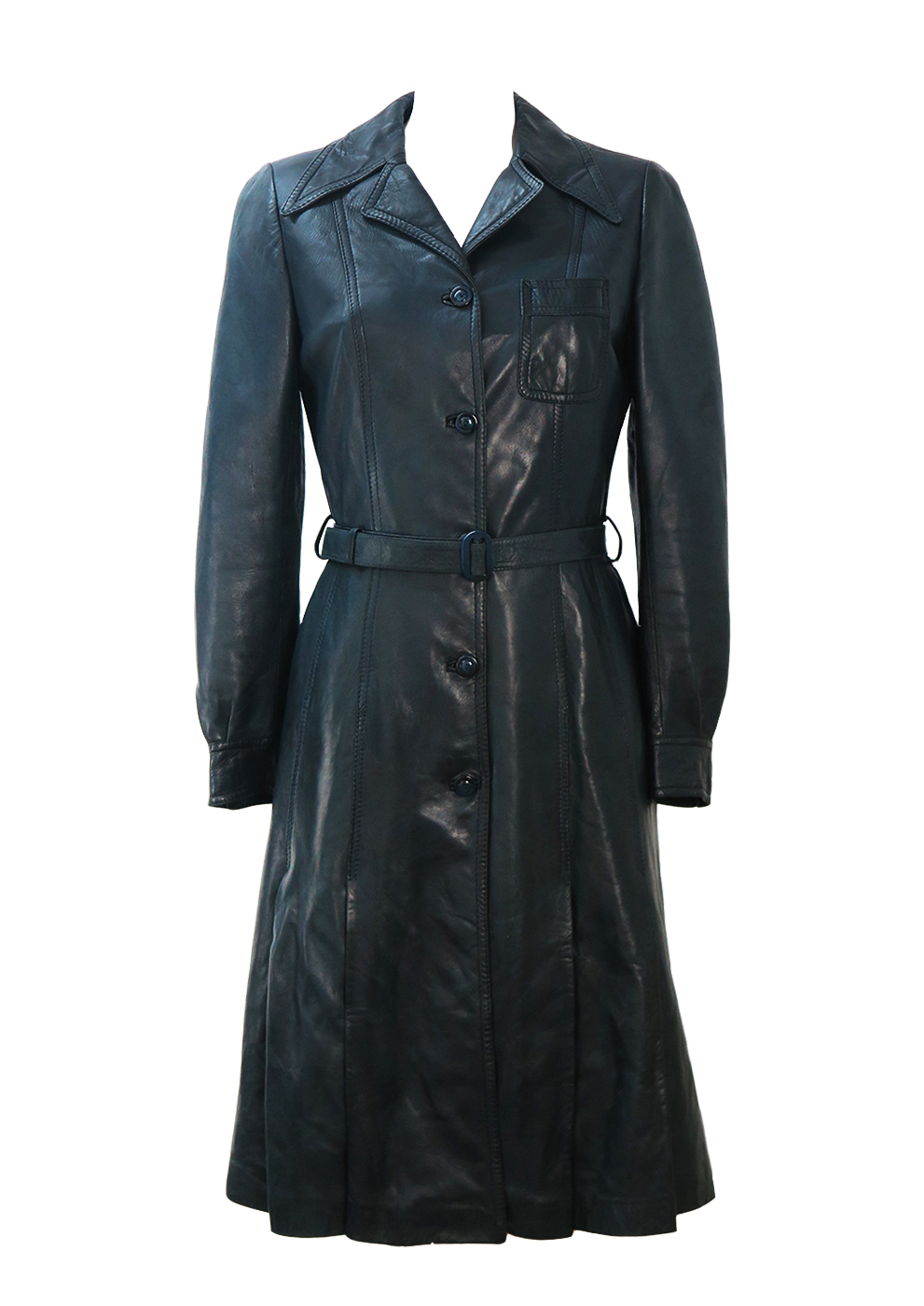 Vintage 70's Navy Blue Belted Leather Coat with Pleat Detail - S ...