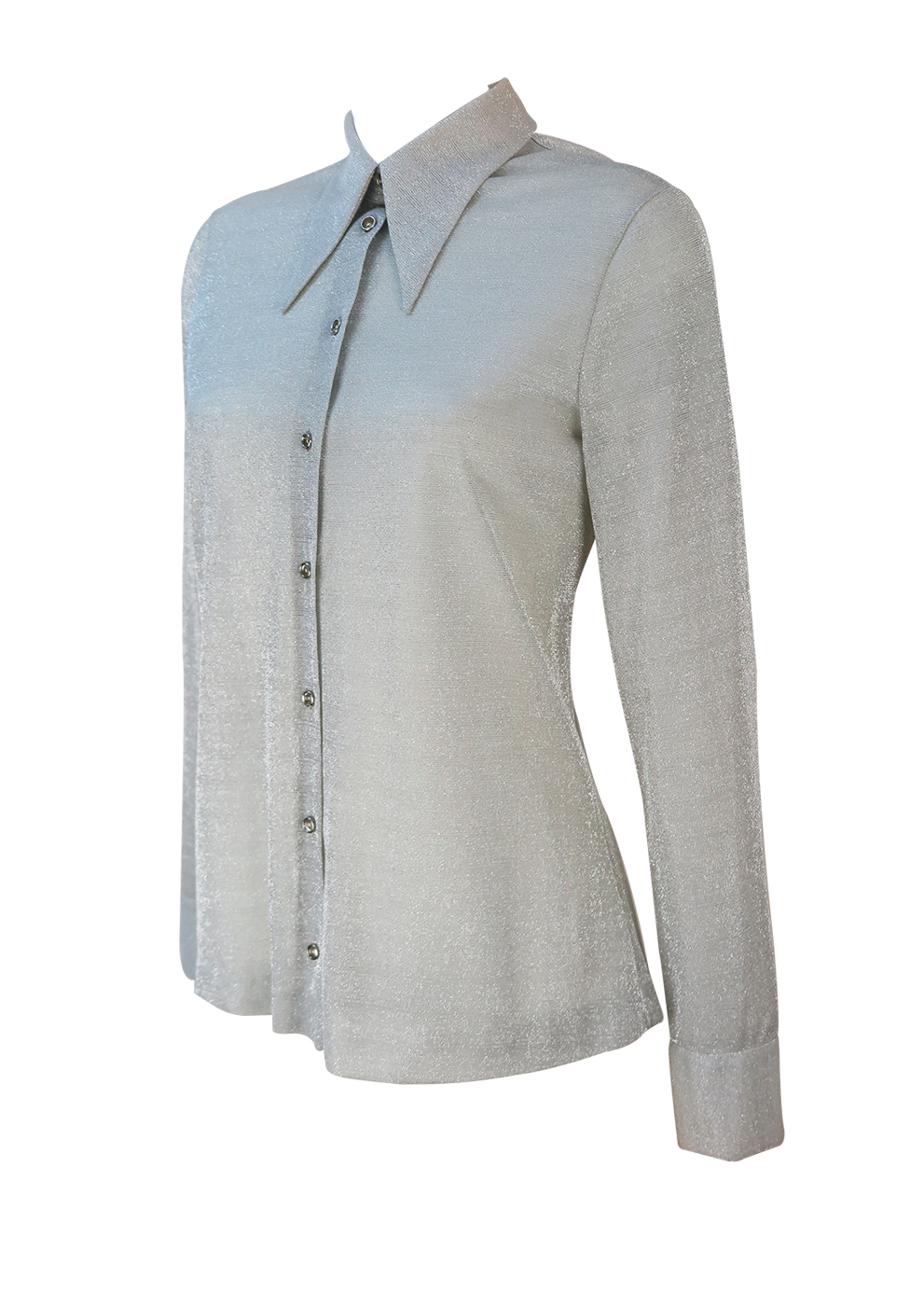 Vintage 70's Semi Sheer Silver Sparkly Blouse with Dagger Collar M