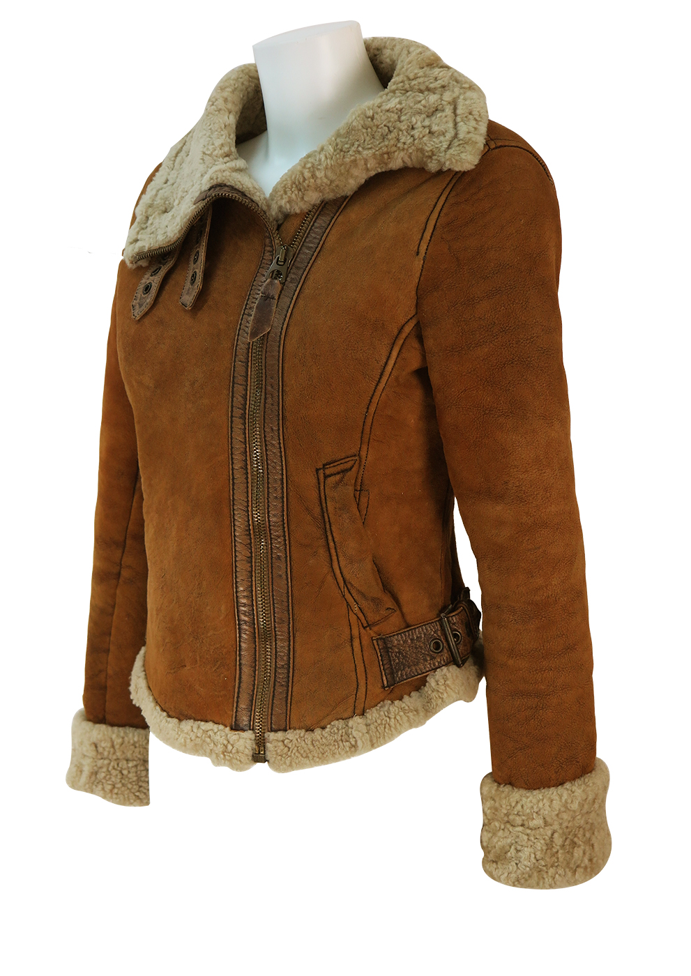 Guess Jeans Tan Brown Fitted Shearling Jacket with Leather Edging – XS ...
