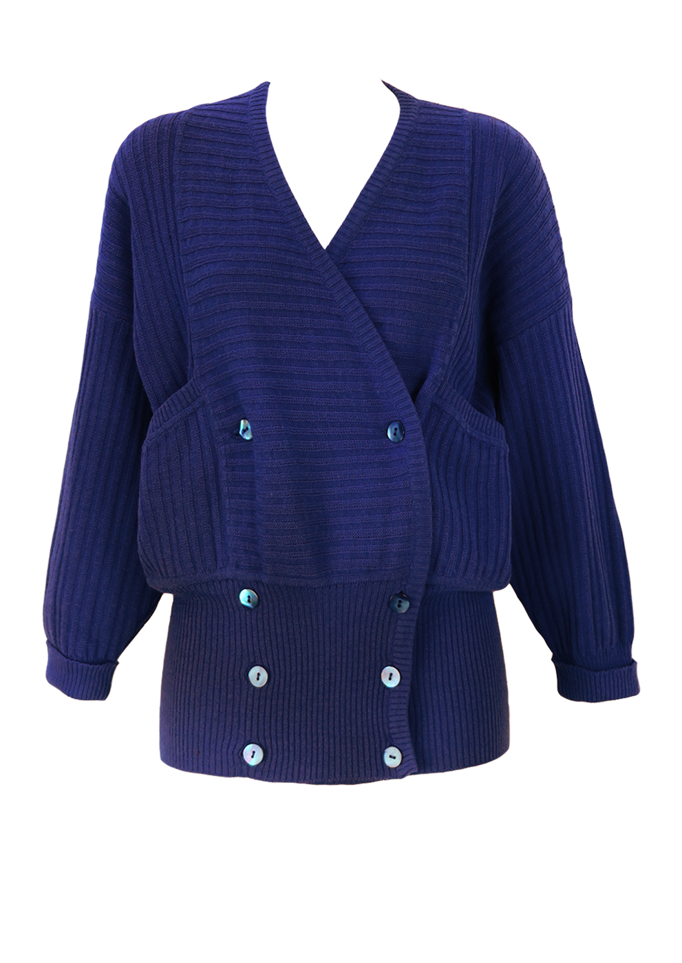 Max Mara Weekend Blue Ribbed Cross Over Cardigan with Wide Waistband ...