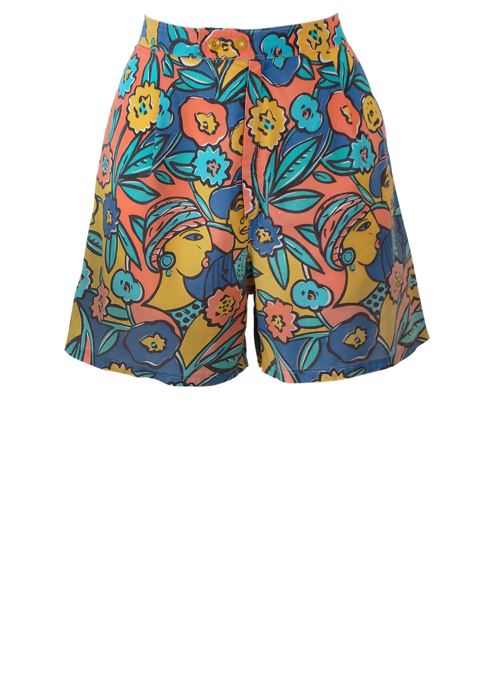 Patterned Shorts with Faces & Flowers Imagery in Orange, Yellow & Blue ...