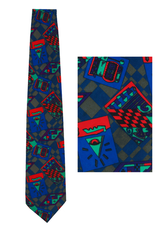 Vibrant Geometric Patterned Tie in Blue, Grey, Purple & Red