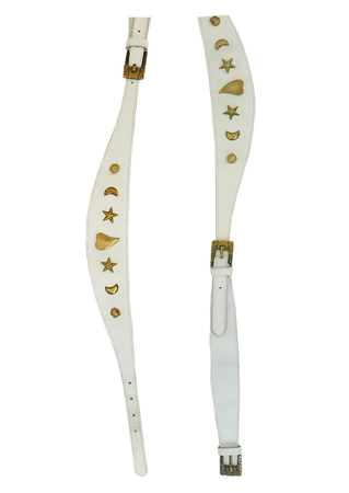 White Leather Belt with Double Buckle & Decorative Gold Motifs