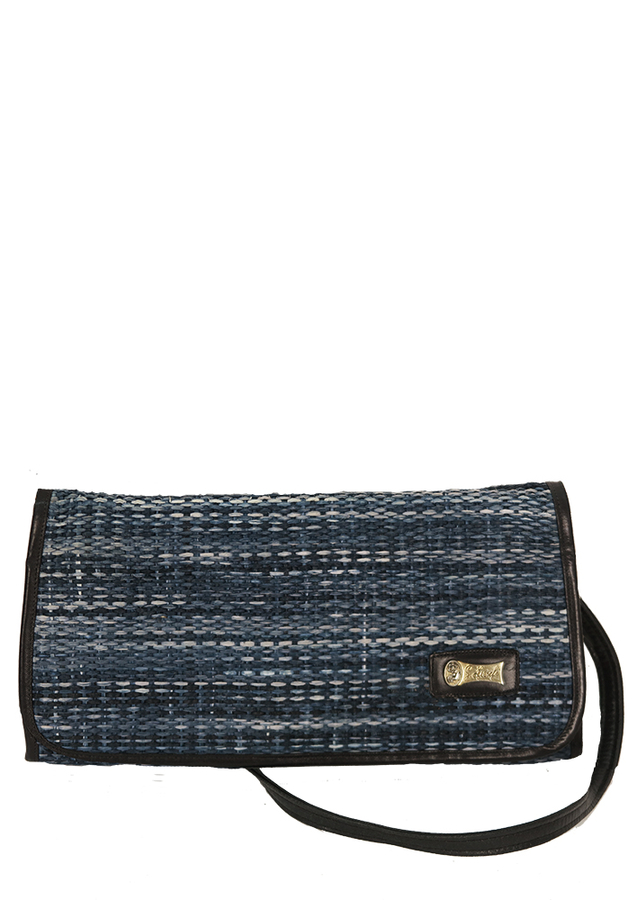 Leather Lined Clutch Bag with Detachable Strap & Blue Woven Straw