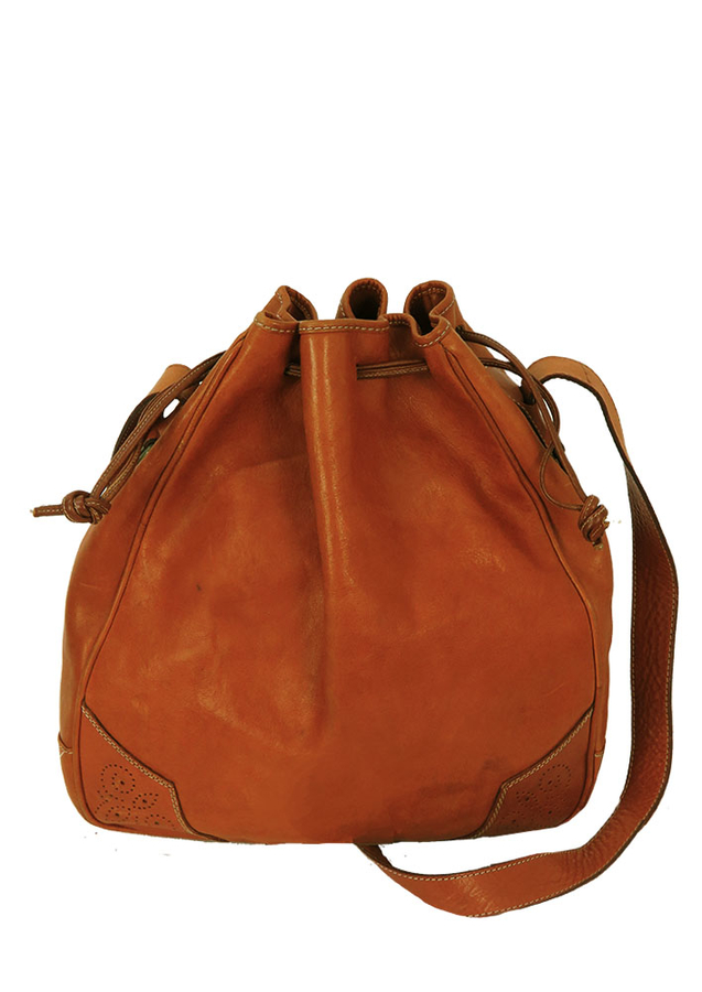 Tan Leather Drawstring Bucket Shoulder Bag | Reign Vintage