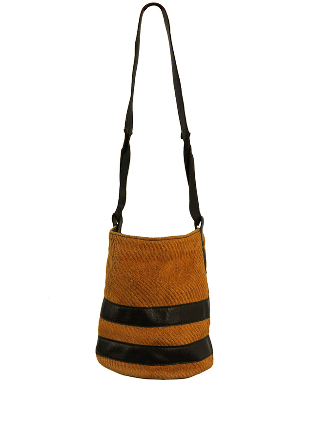 Hessian and Navy Blue Leather Bucket Bag Reign Vintage