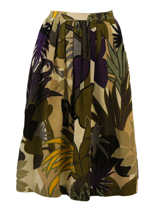 Pleated Midi Skirt with Tropical Palm Print - S/M