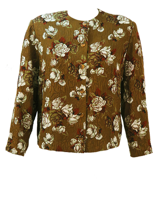 Vintage 60's Box Jacket with Olive Green, Russet & White Floral Print - L/XL