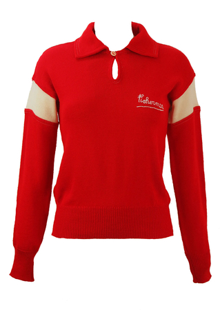 Red Jumper with Cream Stripe Sleeve Detail & Buttoned