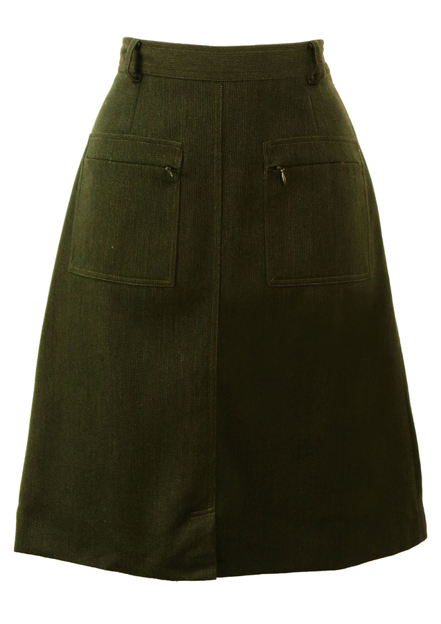 High Waist, Knee Length Olive Green skirt with Zip Front Pockets - S ...