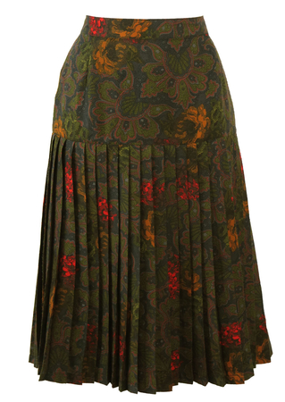 Pleated Charcoal Grey Midi Skirt with Green, Ochre & Red Paisley Floral Pattern - S/M