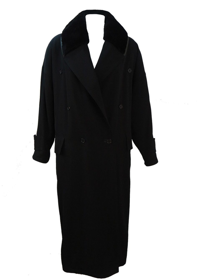 Gianni Versace Black Oversized Full Length Coat with Shearling Collar ...