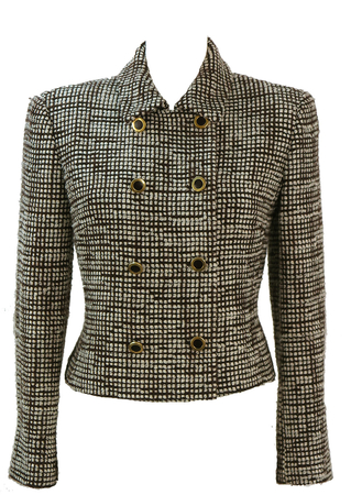 Les Copains Cropped, Double Breasted Jacket with a Brown & White Textured Check - S/M