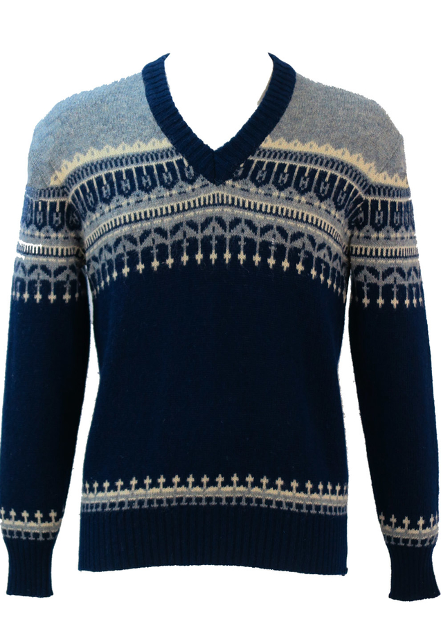 V Neck Wool Jumper with Navy Blue, Grey & Cream Nordic Pattern M