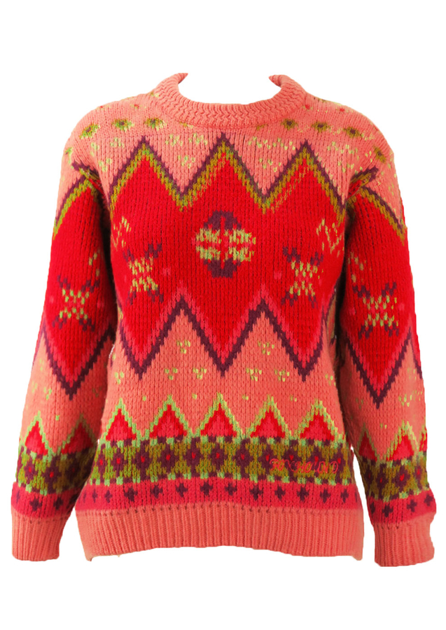 Chunky Knit Zig Zag Patterned Jumper in Pink & Red - S/M | Reign Vintage