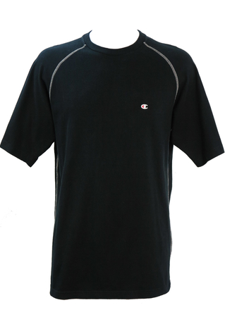 Black Champion T-Shirt with White Overlock Stitch Detail - M/L